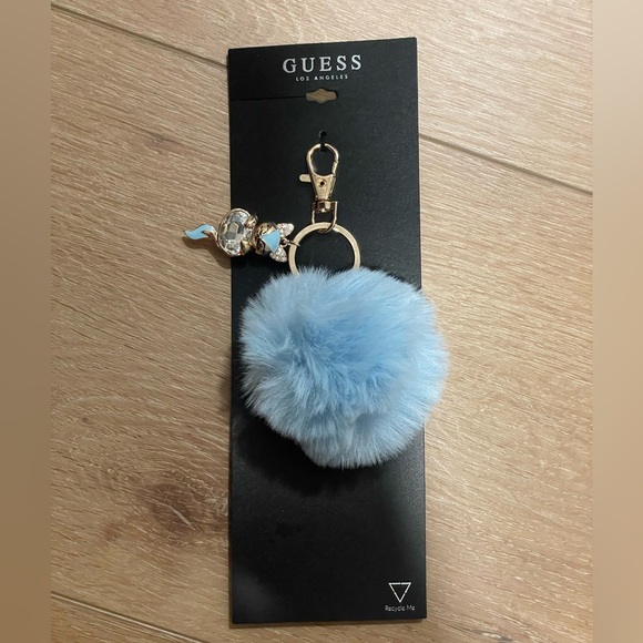 Guess Rhinestone Kitty Cat Blue Fluffy Pom Pom Bag Charm Keychain - Picture 1 of 5